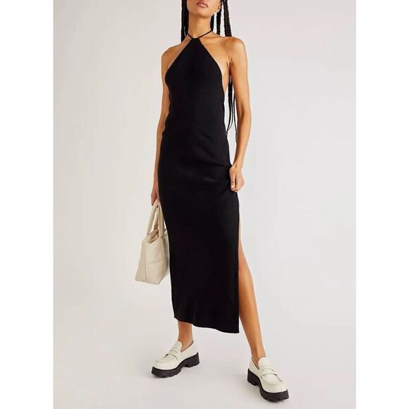 FREE PEOPLE FP BEACH KRISTY HALTER MIDI SWEATER DRESS LBD BLACK L LARGE - Picture 1 of 12